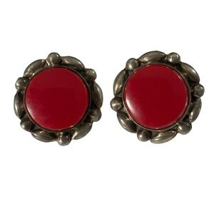 925 Sterling Silver Earrings Cherry Red Lucite Modernist‎ Signed Screw Back VTG